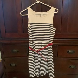 Dress from Altar’d State. Navy/white with red belt